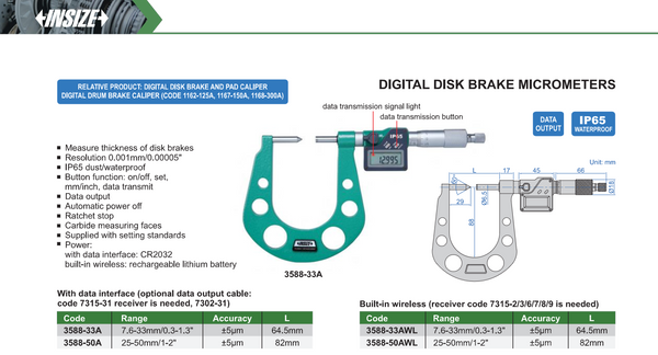 Digital Disk Brake Micrometers IP65 | Insize 3588 Series | 7.6-33mm/0.3-1.3" | 25-50mm/1-2" | Resolution 0.0001mm/0.00005"