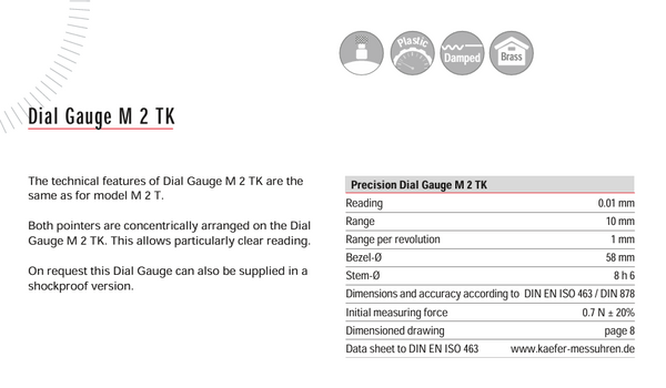 Kafer Dial Gauge M 2 TK | Reading - 0.01mm | Range - 10mm | Bezel Ø 58mm