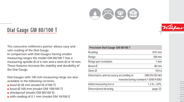 Kafer Dial Gauge GM 80/100 T | Reading - 0.01mm | Range - 100mm | Bezel Ø 80mm