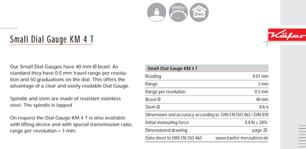 Kafer Small Dial Gauge KM 4 T | Reading - 0.01mm | Range - 3mm