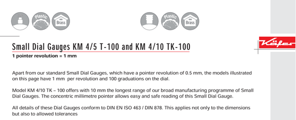 Kafer Small Dial Gauges KM 4/10 TK-100 | Reading - 0.01mm | Range - 10mm