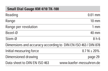 Kafer Small Dial Gauges KM 4/10 TK-100 | Reading - 0.01mm | Range - 10mm