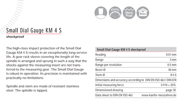 Kafer Small Dial Gauges KM 4 S | Reading - 0.01mm | Range - 3mm