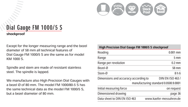 Kafer Dial Gauge FM 1000/5 S | Reading - 0.01mm | Range - 5mm
