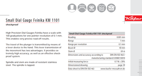Kafer Small Dial Gauge Feinika KM 1101  | Reading - 0.001mm | Range - 1mm | Bezel 40mm