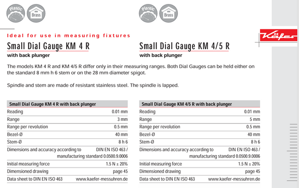 Kafer Small Dial Gauge KM 4 R | Reading - 0.01mm | Range - 3mm