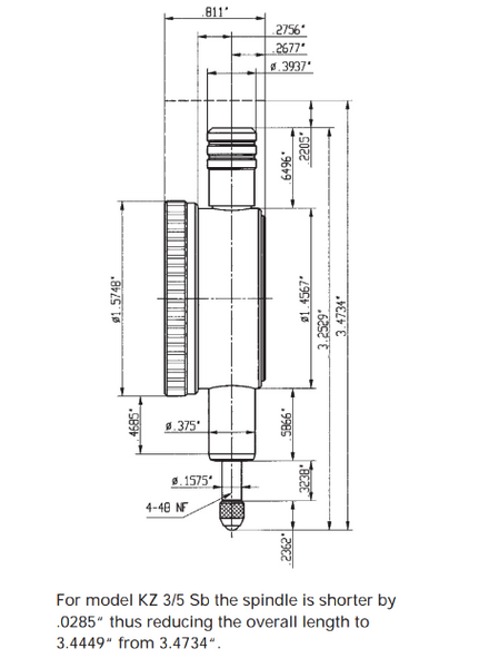 Kafer Small Inch Dial Gauge KZ 3/5 Sb  | Reading - .0005" | Range - .200" | Bezel Ø 1 9/16"