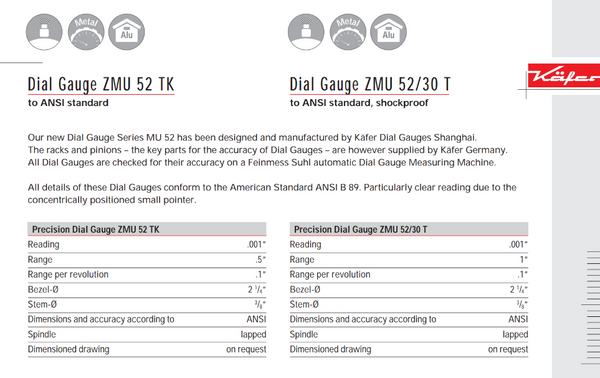 Kafer Inch Dial Gauge ZMU 52/30 T | Reading - .001" | Range - .1" | Bezel Ø 2 1/4"