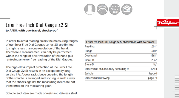 Kafer Error Inch Dial Gauge Z2 SI | Reading - .001" | Range - .080"