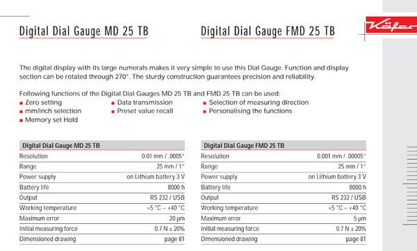 Kafer Digital Dial Gauge MD 25 TB | Resolution - 0.01mm/.0005" | Range - 25mm/1"