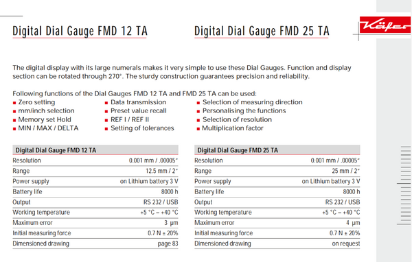 Kafer Digital Dial Gauge FMD 12 TA  | Resolution - 0.001mm/.00005" | Range - 12.5mm/2"