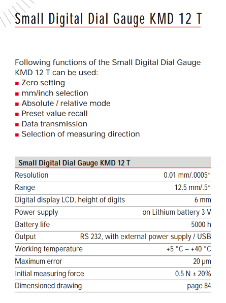 Kafer Small Digital Dial Gauge KMD 12 T | Resolution - 0.01mm/.0005" | Range - 12.5mm/5"