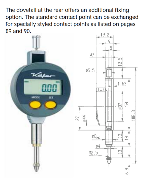 Kafer Small Digital Dial Gauge KMD 12 T | Resolution - 0.01mm/.0005" | Range - 12.5mm/5"