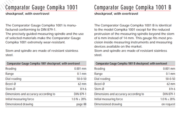 Kafer Comparator Gauge Compika 1001 & 1001 B | Reading - 0.001mm | Range - 0.1mm | Bezel Ø 62mm
