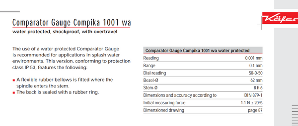 Kafer Comparator Gauge Compika 1001 wa | Reading - 0.001mm | Range - 0.1mm | Dial Reading 50-0-50 | Bezel Ø 62mm