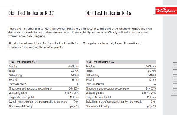 Kafer Dial Test Indicator K 37 | Reading - 0.002mm | Range - 0.2mm | Dial Reading 0-100-0