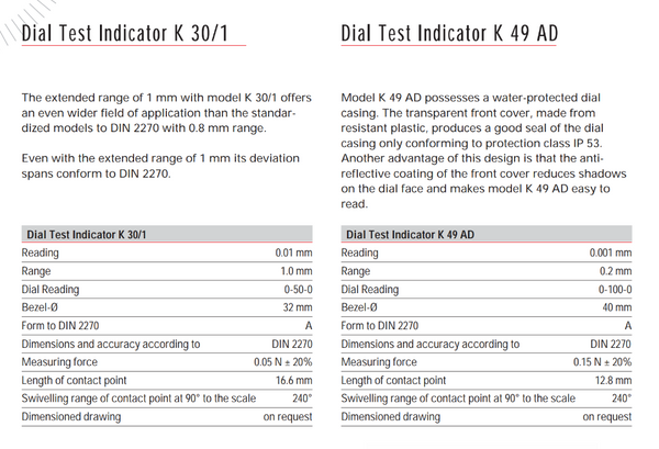 Kafer Dial Test Indicator K 30/1 | Reading - 0.01mm | Range - 1.0mm | Dial Reading 0-50-0 | Bezel Diameter 32mm