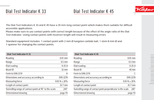 Kafer Dial Test Indicator K 33 | Reading - 0.01mm | Range - 0.5mm | Dial Reading 0-25-0