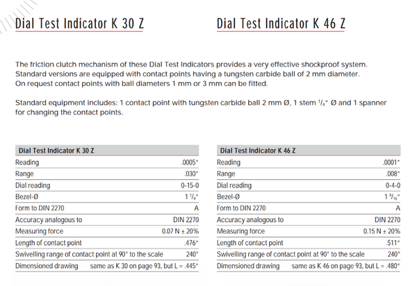 Kafer Dial Test Indicator K 30 Z | Reading - .0005" | Range - .030" | Dial Reading  - 0-15-0 | Bezel -  1 1/4"