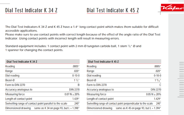 Kafer Dial Test Indicator K 34 Z | Reading - .0005" | Range - .020" | Reading 0-10-0