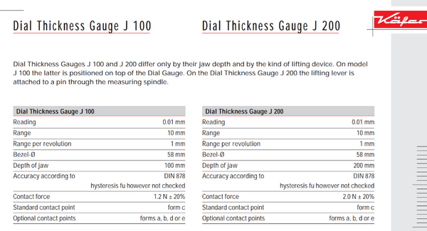 Kafer Dial Thickness Gauge J 100 / J 200 | Reading - 0.01mm | Range - 10mm / 50mm
