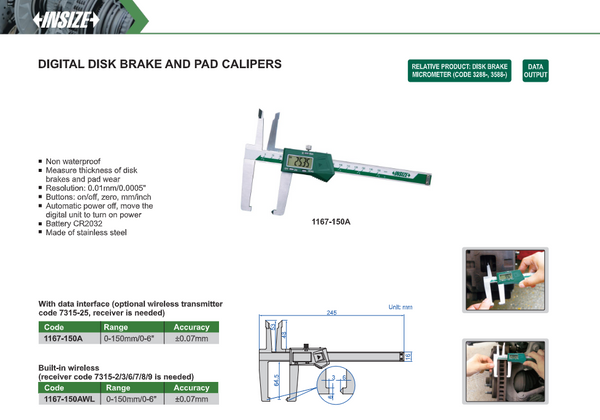 Digital Brake Disc & Pad Caliper | Insize 1167-150A | 0-150mm (0-6″)