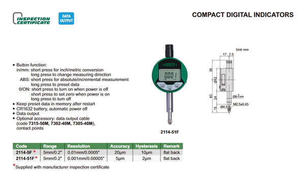 Compact Digital Indicators | Insize 2114 Series | 5mm/0.2" Range | Resolution 0.01mm/0.0005" / 0.001mm/0.00005"