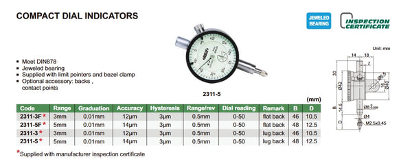 Compact Dial Indicators | Insize 2311 Series | Range 3mm / 5mm | Resolution 0.01mm | Dial Reading 0-50 | Bezel Diameter 42mm | Flat Back/Lug Back