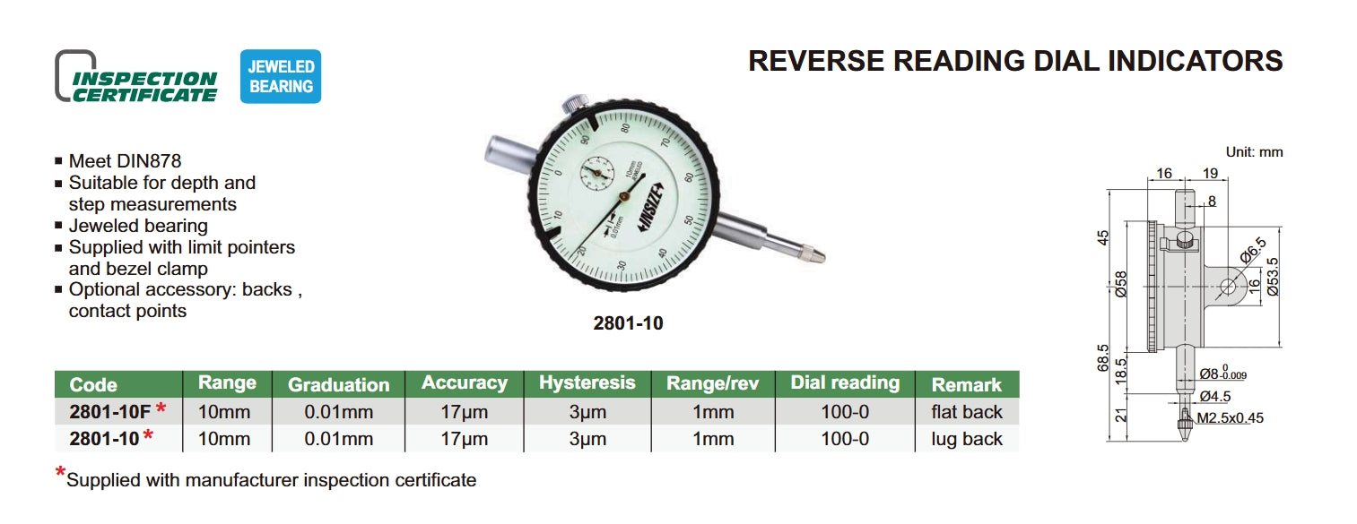 Reverse Reading Dial Indicators | Insize 2801 Series | Range 10mm | Re ...
