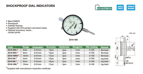 Shockproof Dial Indicators | Insize 2314 Series | Range 3mm / 5mm / 10mm | Resolution 0.01mm | Dial reading 0-100 | Flat Back / Lug Back | Bezel diameter 58mm
