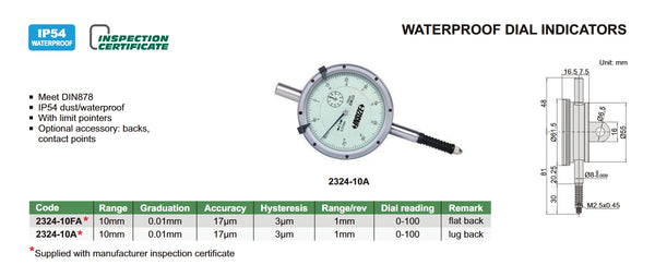 IP54 Dust/Waterproof Dial Indicators | Insize 2324 Series | Range 10mm | Resolution 0.01mm | Dial Reading 0-100 | Bezel diameter 61.5mm | Flat Back/Lug Back