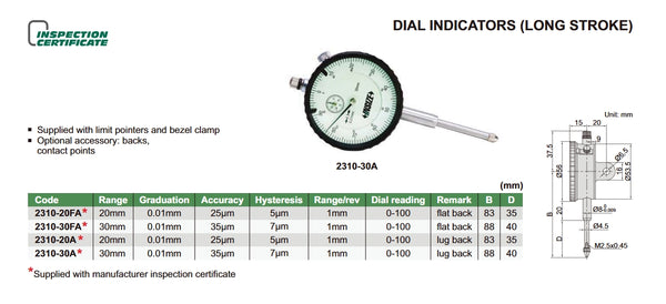 Long Stroke Dial Indicators | Insize 2310 Series | Range 20mm / 30mm | Resolution 0.01mm | Dial reading 0-100 | Bezel diameter 56mm | Flat Back / Lug Back