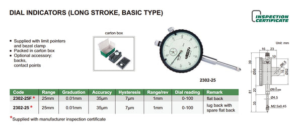 Long Stroke Dial Indicator | Insize 2302 Series | Range 25mm | Resolut ...