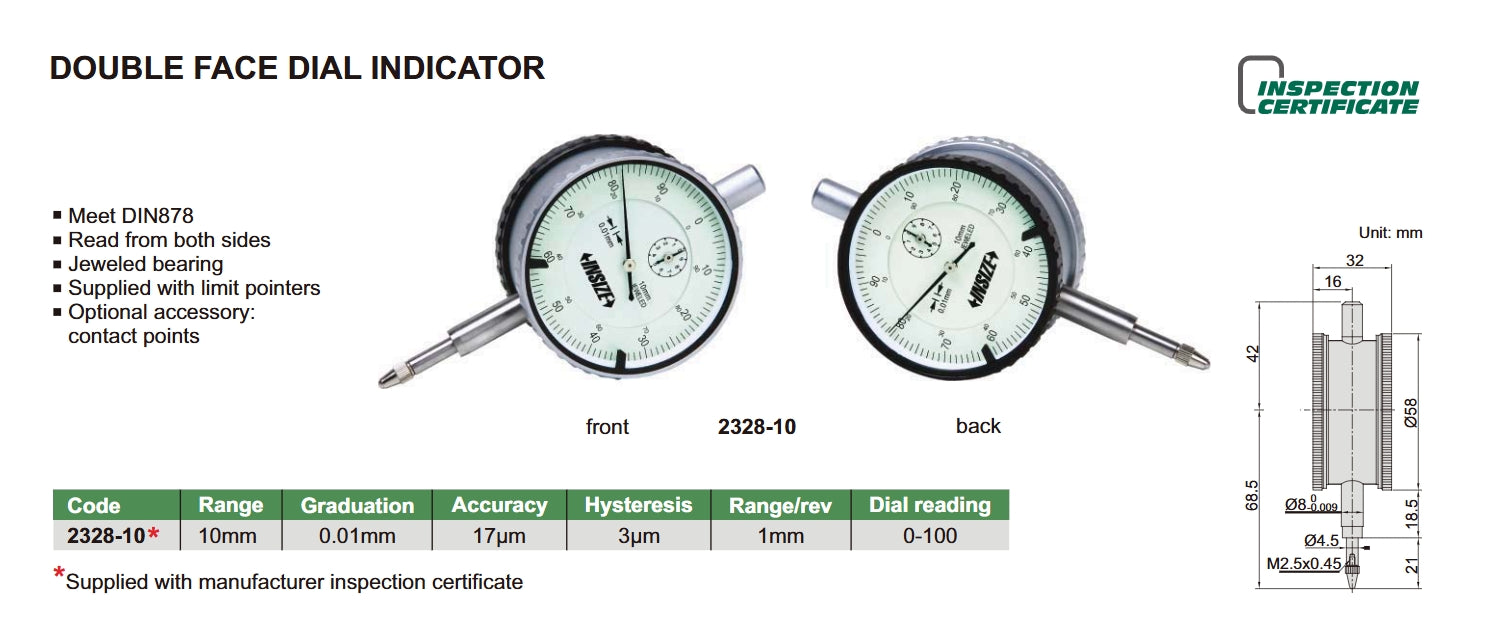 Double Face Dial Indicator | Insize 2328-10 | Range 10mm | Resolution ...