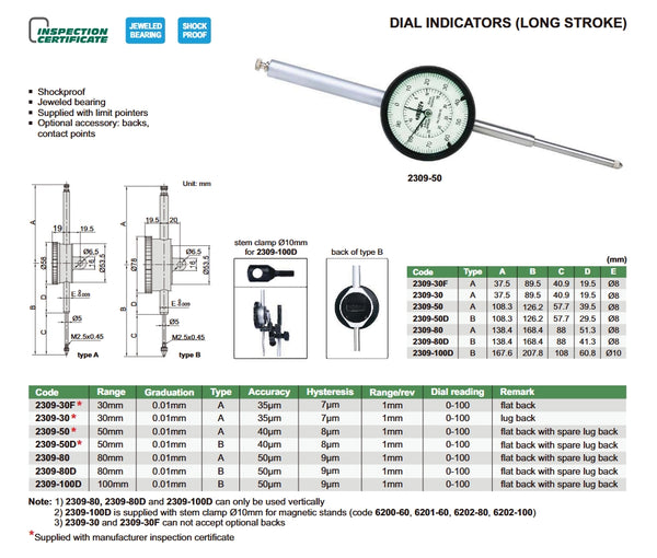 Long Stroke Dial Indicators | Insize 2309 Series | Range 30mm / 50mm / 80mm / 100mm | Resolution 0.01mm | Dial Reading 0-100 | Flat Back / Lug Back