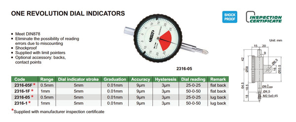 One Revolution Dial Indicators | Insize 2316 Series | Range 0.5mm / 1.0mm | Flat Back / Lug Back | Shockproof