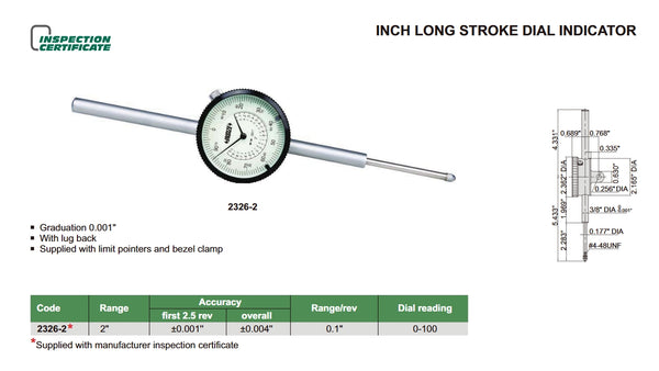 Inch Long Stroke Dial Indicator | Insize 2326-2 | Range 2" | Resolution 0.001" | Dial Reading 0-100 | Bezel Diameter 2.362"