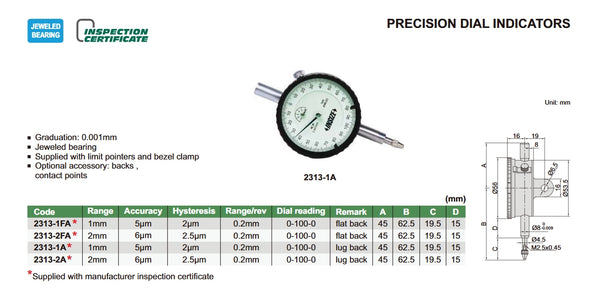 Precision Dial Indicators | Insize 2313 Series | Range 1mm / 2mm | Resolution 0.001mm | Dial Reading 0-100-0 | Bezel Diameter 56mm | Flat Back/Lug Back