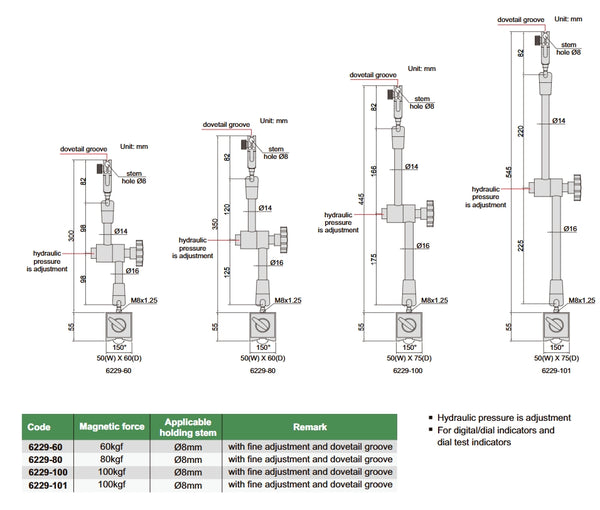 Hydraulic Universal Magnetic Dial Indicator Stands | Insize 6229 Serries | 60/80/100 kgf force | Fine adjustment and dovetail groove | Holding stem diameter 8mm
