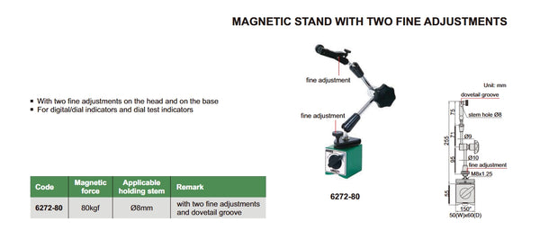 Magnetic Dial Indicator Stand | Insize 6272-80 | 80kgf force | Fine adjustment at base and head & Dovetail groove | Holding stem diameter 8mm