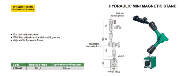 Hydraulic Mini Magnetic Stand for dial test indicators | Insize 6228-40 | 40kgf force | Fine adjustment and dovetail groove | Holding stem diameter 8mm