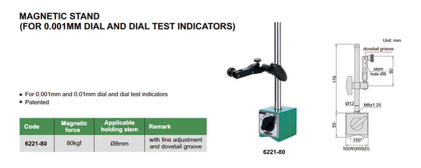 Magnetic Dial Indicator Stand (For 0.001mm Dial and Dial Test Indicators) | Insize 6221-80 | 8kgf force | Fine adjustment and dovetail groove | Holding stem diameter 8mm