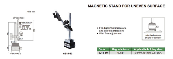 Magnetic Dial Indicator Stand For Uneven Surfaces | Insize 6215-60 | 60kgf force | Fine adjustment | Holding stem diameter 4mm (8mm with bush)