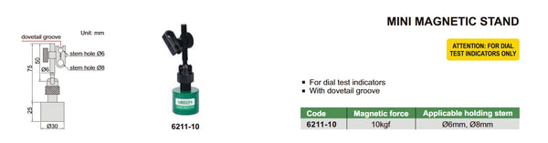 Mini Magnetic Stand for dial test indicators | Insize 6211-10 | 10kgf force | Dovetail groove | Holding stem diameter 6mm/8mm