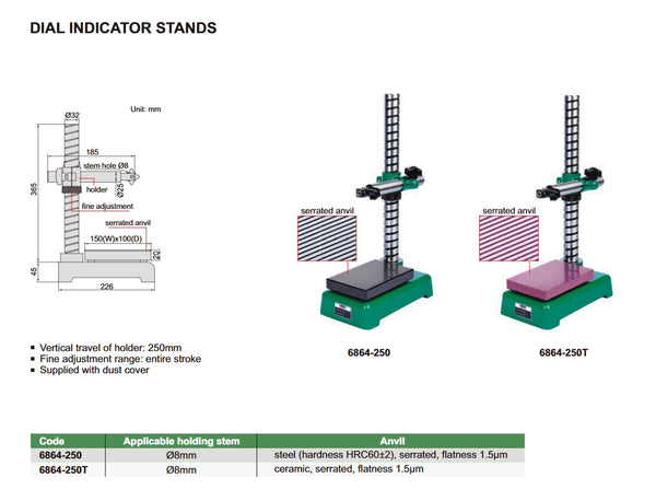 Dial Indicator Stand | Insize 6864 Series | 150x100mm steel/ceramic serrated anvil | Vertical travel of holder 250mm | Fine adjustment entire stroke | Holding stem diameter 8mm