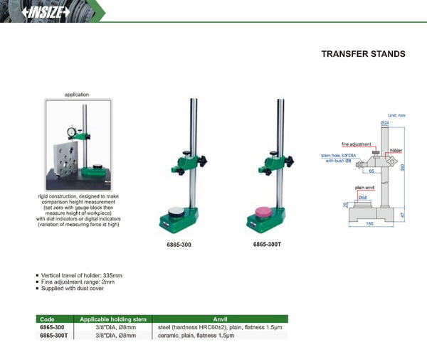 Transfer Stands for comparison height measurement | Insize 6865 Series | 335mm Travel | 2mm Fine Adjusment | Ceramic or Steel Base