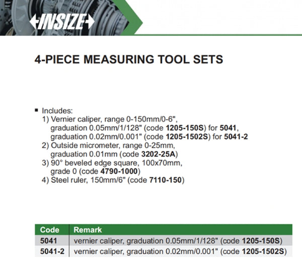 4-Piece Measuring Tool Set | Insize 5042 Series | Digital Caliper, Outside Micrometer, Measuring Square, Steel Rule