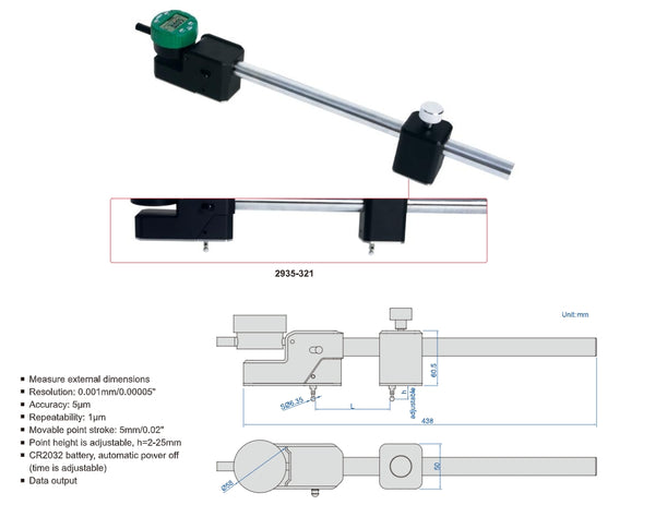 Large Range Digital External Measuring Gauge | Insize 2935 Series | 35-320mm/1.4-12.6"