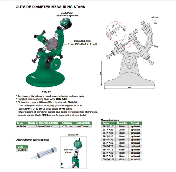 Outside Diameter Measuring Stand | Insize 6847-50 | Range 1.5-50mm/0.06-2"