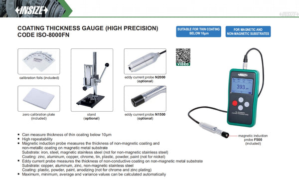 Coating Thickness Gauge (High Precision) | Insize ISO-8000FN | 0-500um Range | 0.1um Resolution